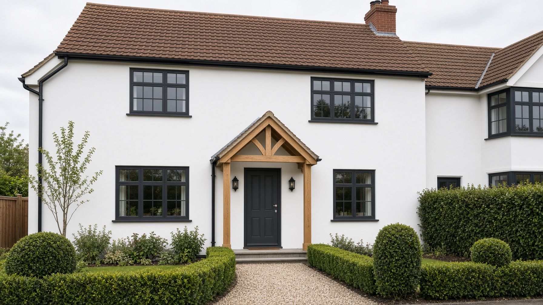 Polar white silicone-rendered Essex semi with a clay tile roof and dark windows