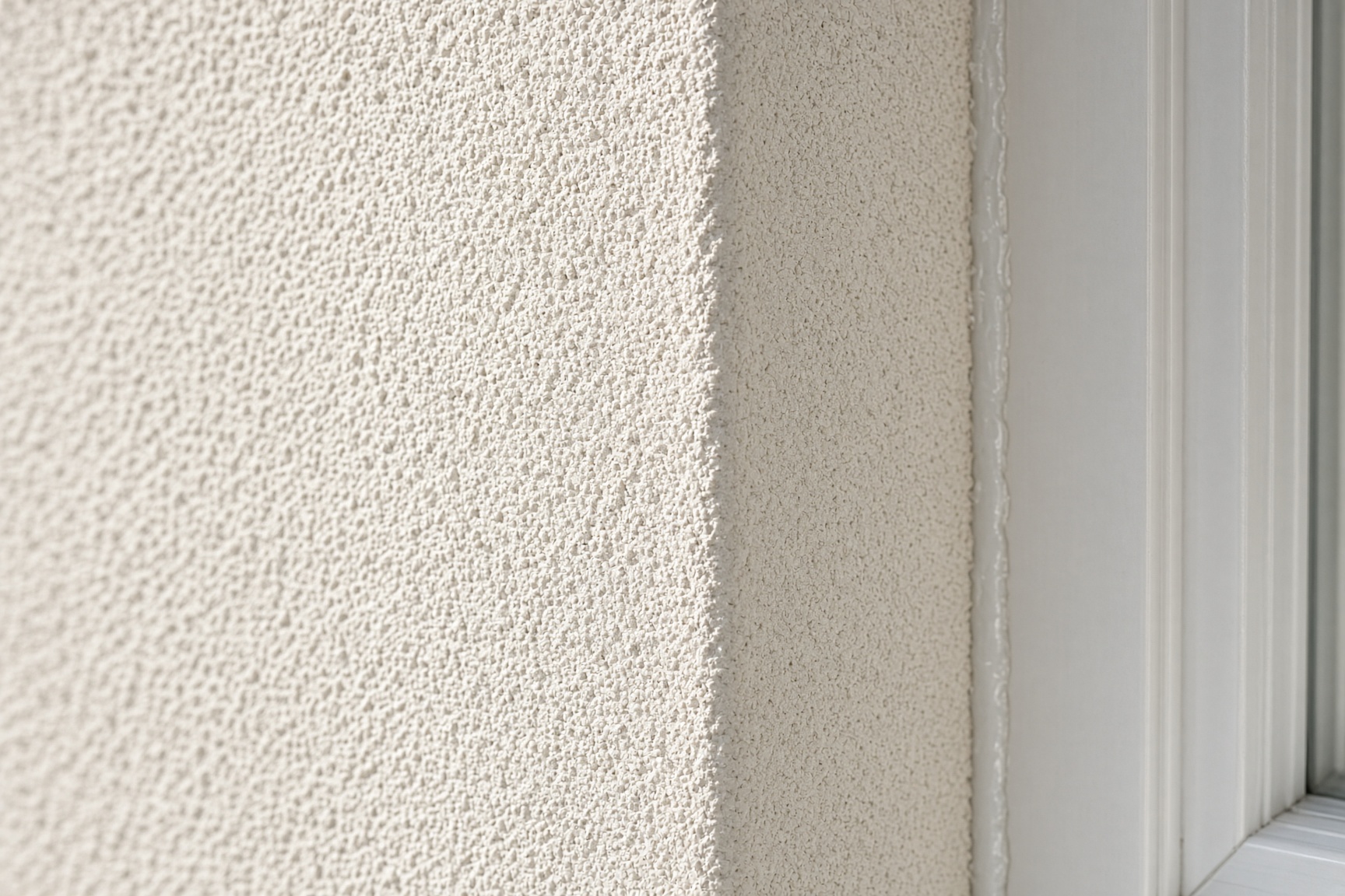 Close grain of through-coloured silicone render beside a window frame