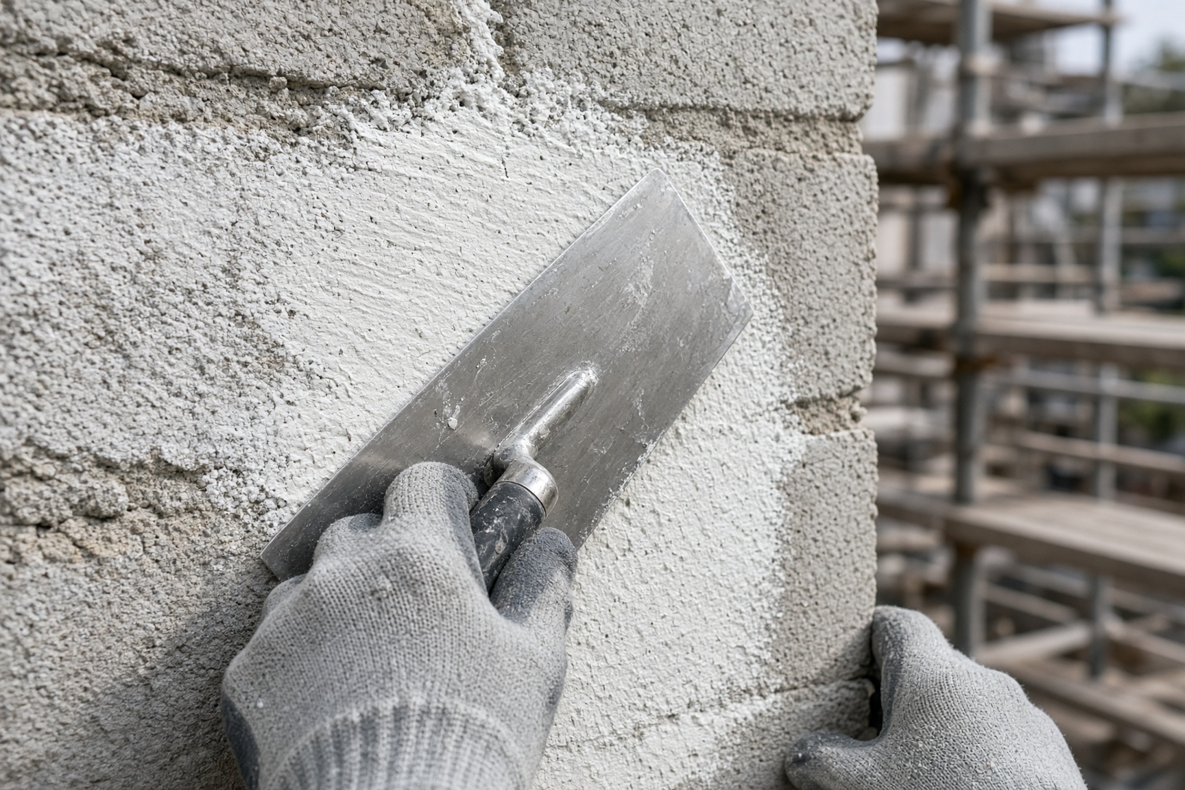 Gloved hands floating a thin coat of white silicone render onto an exterior wall
